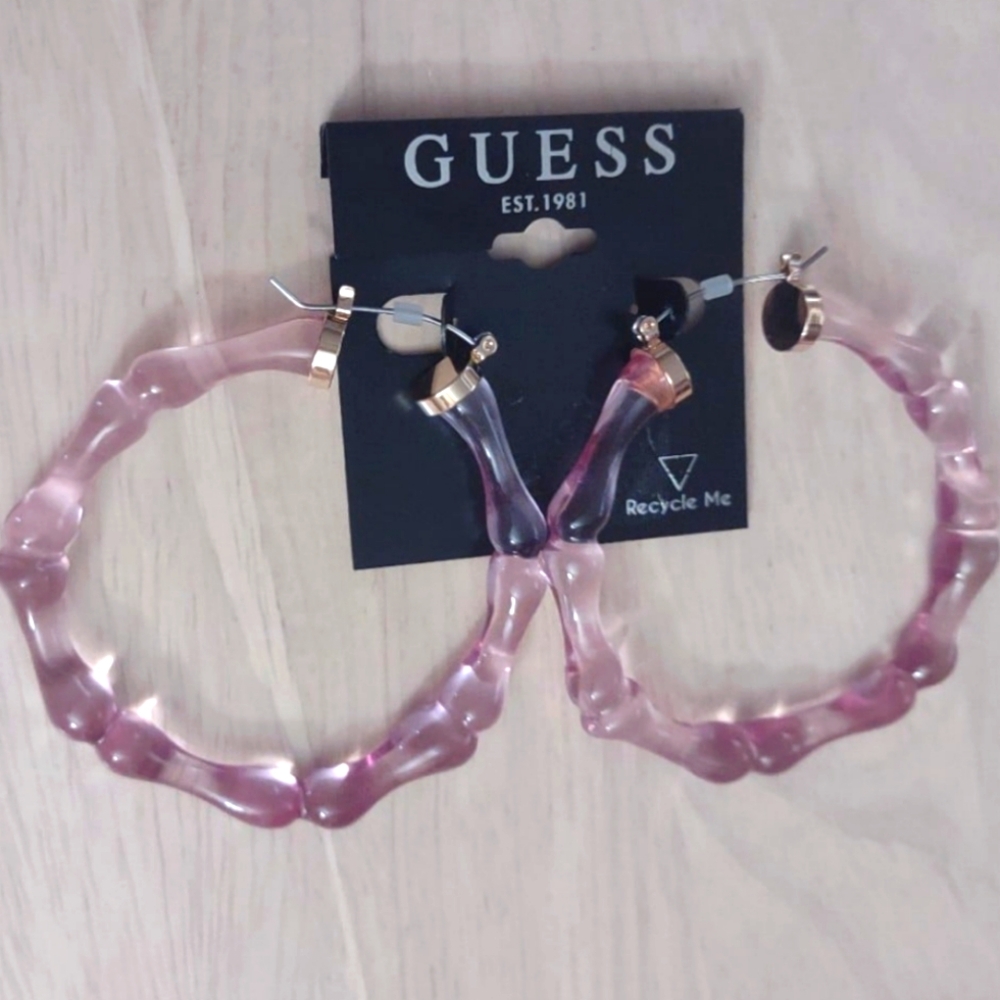Guess Translucent Pink Sculptural Bone Large Hoop Gold Earrings Y2K Retro Grunge